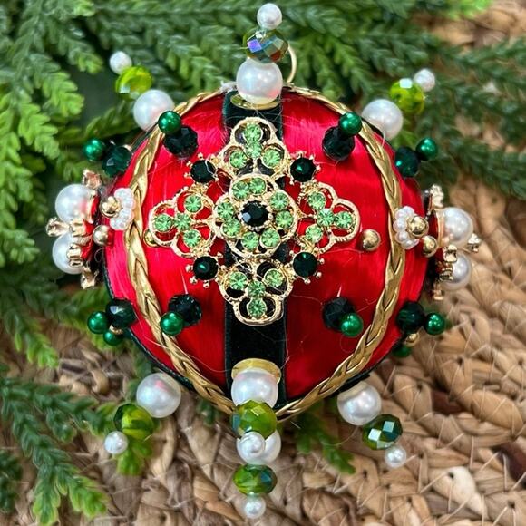 Beaded Push Pin Satin Thread Ball Christmas Ornament Mid Century Vintage Style - Picture 1 of 8